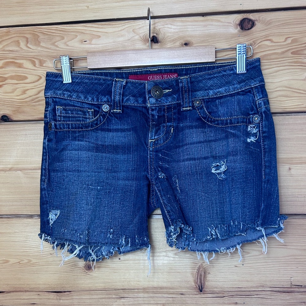 Guess Women's 27 Distressed Denim Shorts Dark Blue 2010’s Y2K Western Jeans Retr
